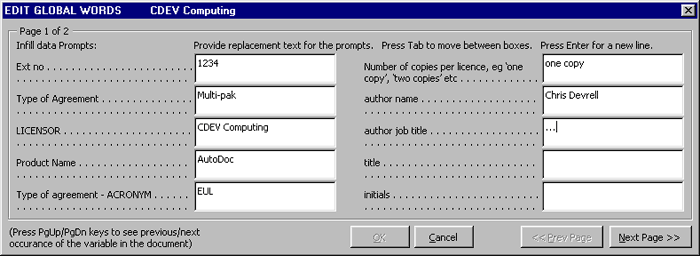 AutoDoc Edit Global Words dialog