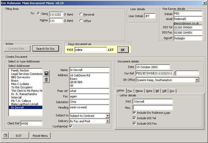 Main document menu dialog