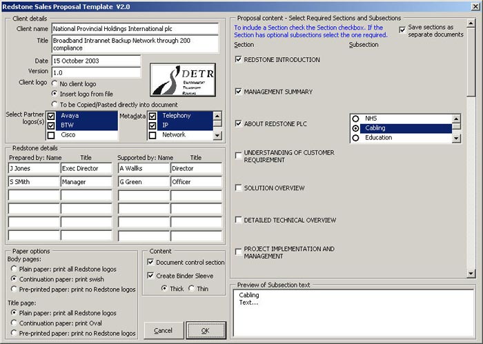 Redstone Sales Proposal dialog